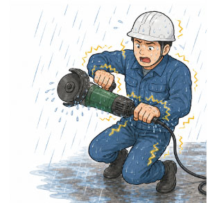 雨の中で電動工具を使用し、心肺停止
