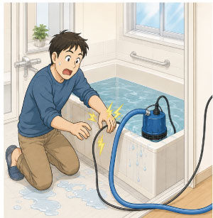 浴槽内で電動ポンプを使用して感電